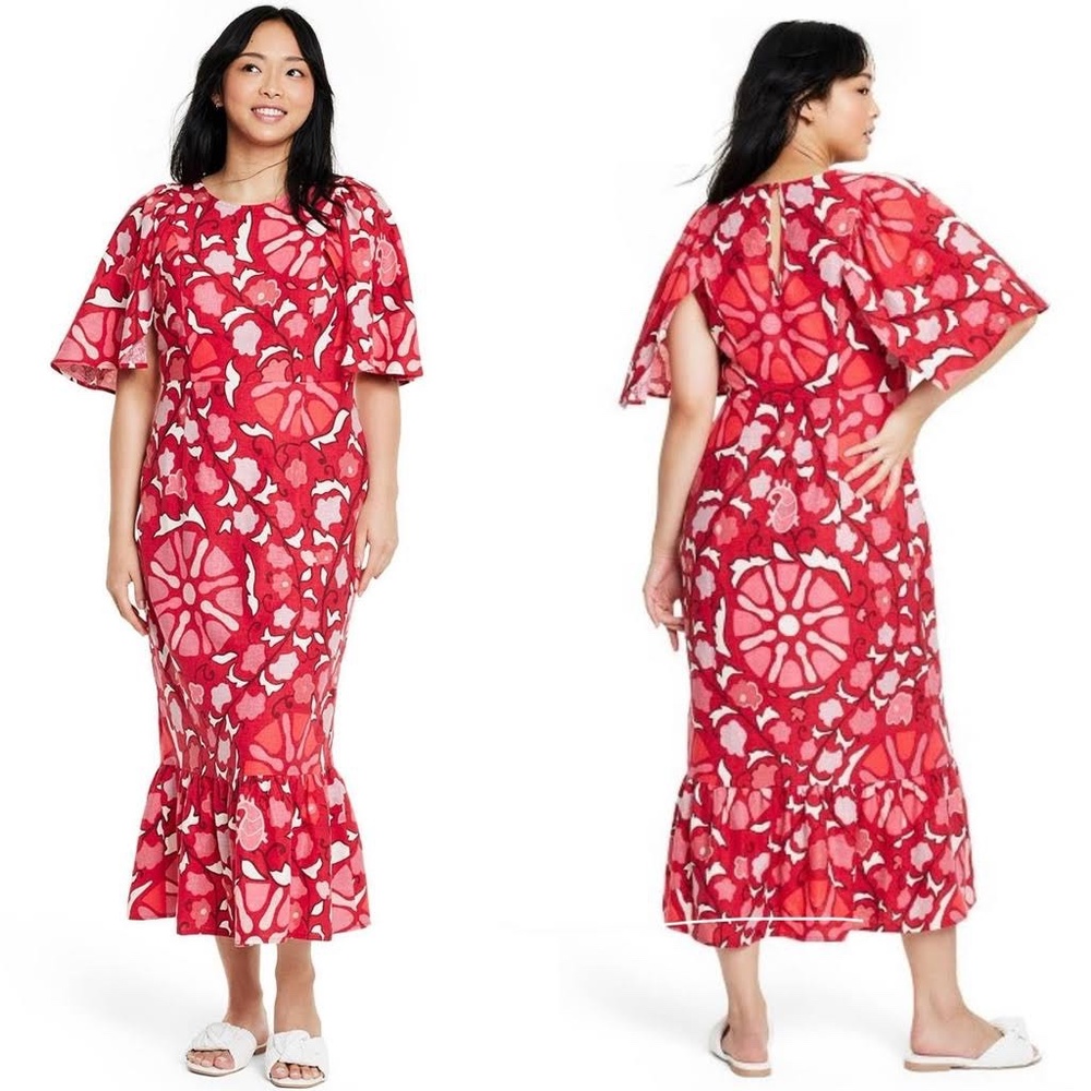 RHODE x Target Floral Print Bell Sleeve Midi Dress in Red/Pink 4
